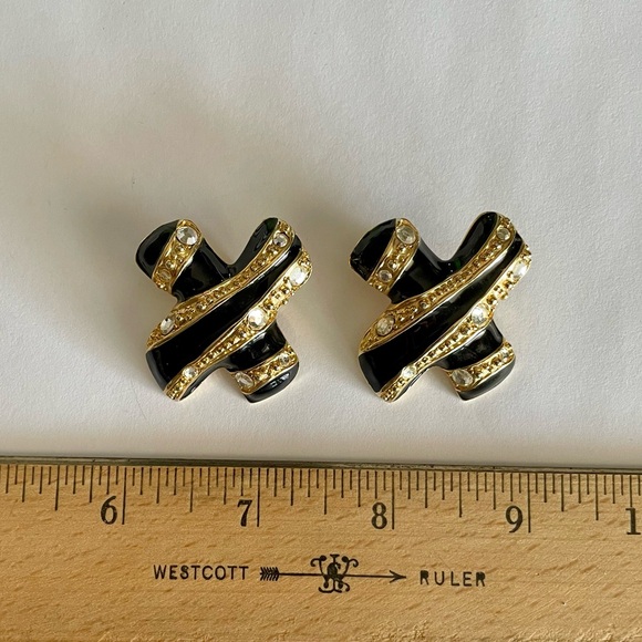 Vintage Clip Earrings Black Enamel and Goldtone with Clear Rhinestones - Picture 2 of 6